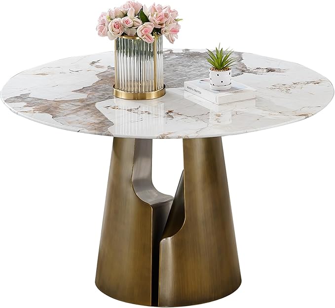 Round Faux Marble Dining Table Set for 4, Modern Luxury Kitchen Table for 4-6, Circle Dining Tables with Pandora Marble Grain Top and Bronze Carbon Steel Pedestal Base (1 Table Only)
