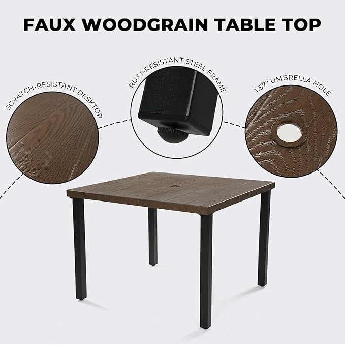 Grand patio 5-Piece Outdoor Dining Set for 4, Metal Woven Wicker Fixed Patio Chairs with Thickened Cushions & 1 Square Woodgrain Dining Table with Umbrella Hole for Backyard Deck (Black)