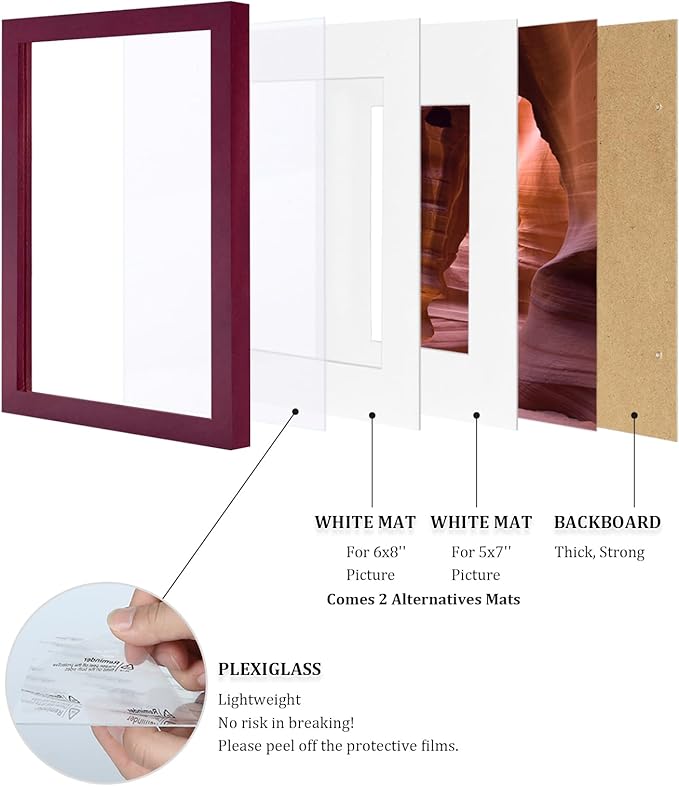 Egofine 9x12 Picture Frame Made of Solid Wood Covered by Plexiglass, Wood Frame for Pictures 5x7/6x8 with Mat or 9x12 without Mat, Tabletop and Wall Mounting Display, Dark Red
