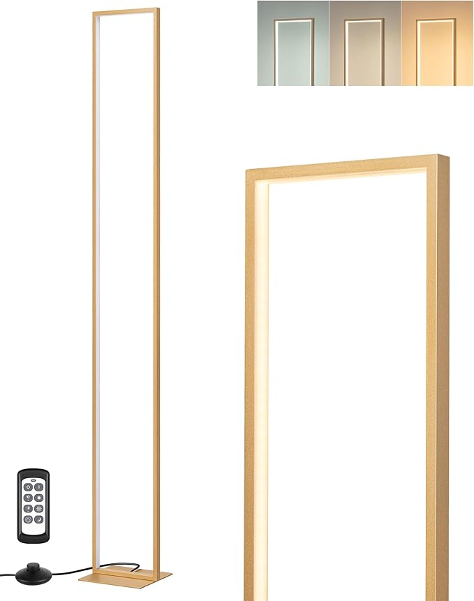 EDISHINE LED Floor Lamp, 55" Modern Minimalist Rectangular Corner Light 3000K-6000K Dimmable, Remote Control & Foot Switch, Metal Base Standing Lamps for Living Room, Bedroom, Office, Gold
