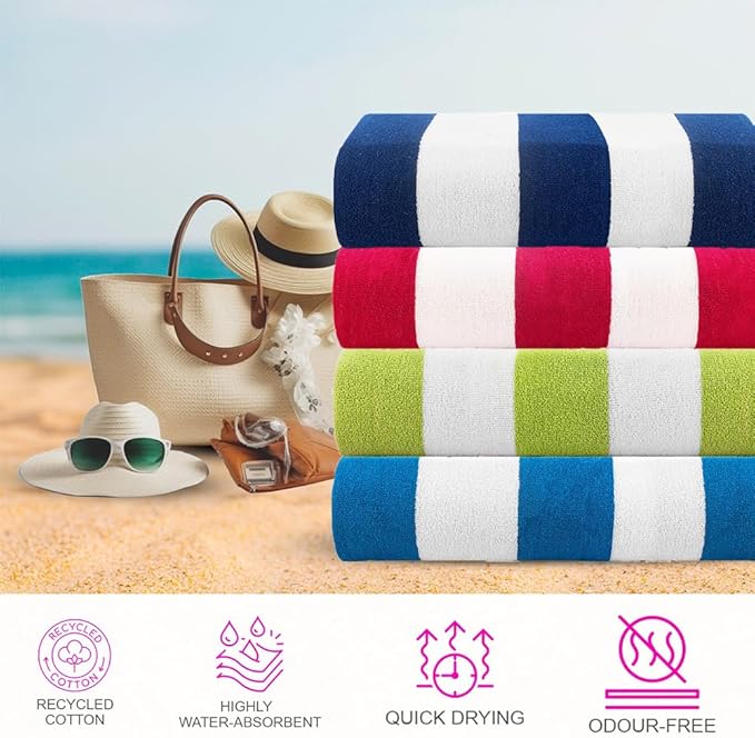 CASA COPENHAGEN Cabana Beach Towel Designed in Denmark Rough and Tough, Quick Dry, Pool, Bath & Shower 30x60 inches 4 Pieces Cotton Beach Bath Towels Set - Turquoise, Green, Pink, Royal Blue