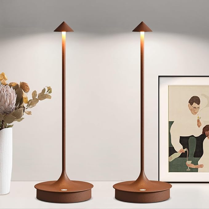 Set of 2 Small Cordless Table Lamp Rechargeable, Battery Operated Desk Lamp, 4000mAh LED Touch Lamp, Dimmable Portable Outdoor Waterproof Wireless Table Light for Restaurants/Bars/Outdoor(Brown)