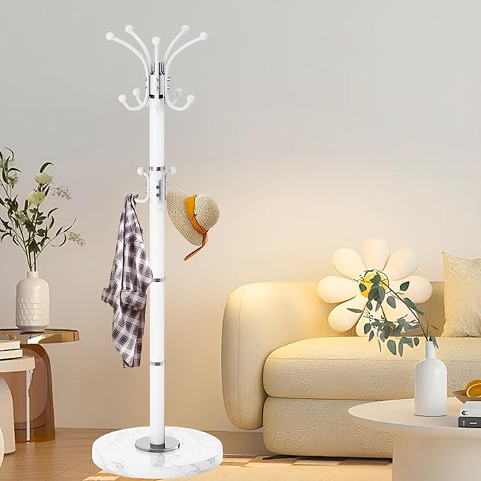Metal Heavy Duty Coat Rack Stand, Modern 360° Roraty Freestanding Coat Rack with Natural Marble Base, White Coat Racks Hall Tree Hanger Stand with 16 Hooks for Entryway, Office