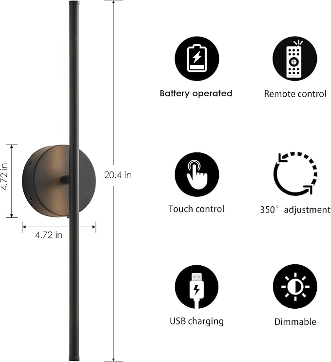 Battery Operated Wall Sconces, Dimmable Wall Sconces Set of Two, 350°Rotate, 3000K LED Black Wireless Wall Light for Living Room, Bedroom,Hallway, 20.4 Inch (2 Pack)