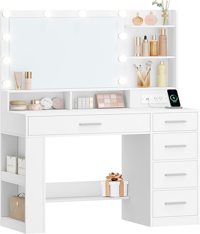 Vanity Desk with Large HD Mirror, Makeup Vanity with Led Lights, Dressing Table with Power Strip, 6 Storage Shelves, 5 Drawers and Side Open Storage, Simple, White