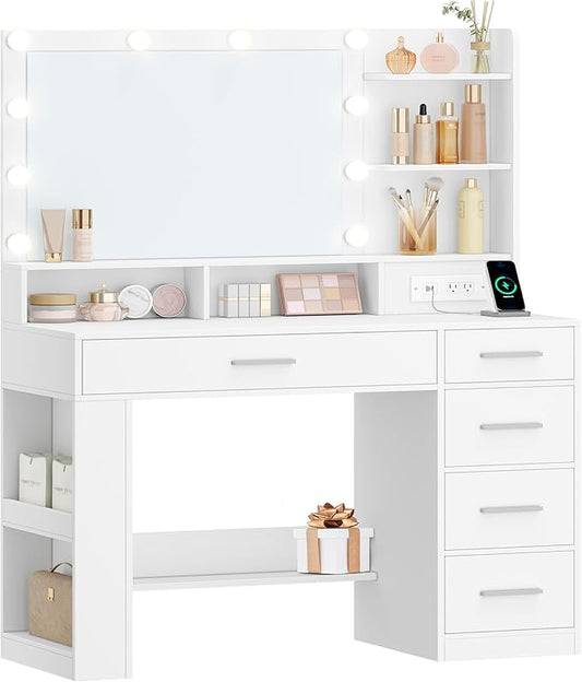 Vanity Desk with Large HD Mirror, Makeup Vanity with Led Lights, Dressing Table with Power Strip, 6 Storage Shelves, 5 Drawers and Side Open Storage, Simple, White