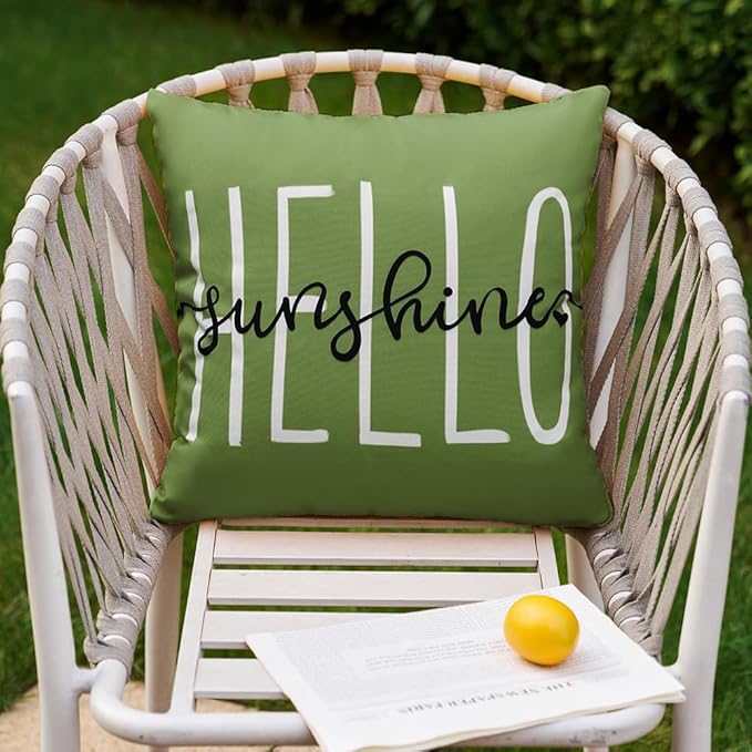 DFXSZ Outdoor Pillow Covers 16x16 Inch Set of 2 Hello Sunshine Decor Olive Green Waterproof Throw Pillow Covers Summer Outdoor Pillow Covers Decor for Patio Funiture Garden Sofa Couch 020G16