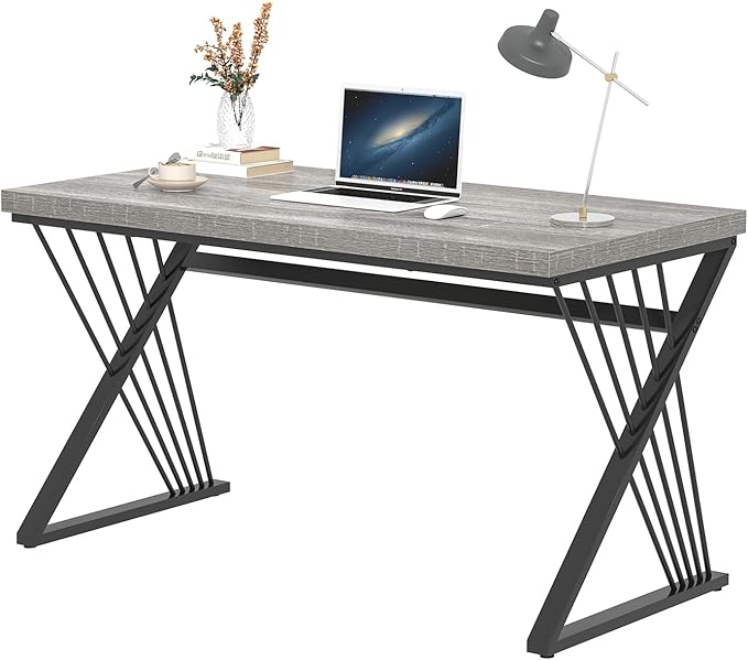 FOLUBAN Modern Desks, Rustic Wood and Metal Computer Desk for Home Office, Simple Study Writing Work PC Table for Bedroom Living Room, Light Grey, 47 Inch