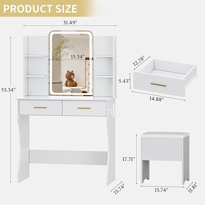 Vanity Desk with LED Lights Mirror & Power Outlet, Small Makeup Vanity Table Set with Storage Drawers & Chair, 3 Lighting Modes & Adjustable Brightness, Dressing Table for Women Girls Bedroom, White