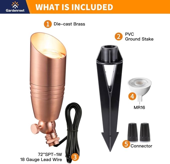 Spot Light Brass - Outdoor Landscape Spotlights LED, 12V Low Voltage Landscaping Uplights, Hard-Wired All Weather Copper for Backyard Lawn with Day Light Changeable Bulbs (8 Pack)