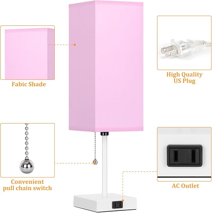 Table Lamp for Bedroom set of 2,3-Color Bedside Lamps with Pull Chain Table Lamps for Nightstand with AC Outlets,18'' Night Light Lamps with 2 Bulbs Lamps for Living Room Kids Office Decor（White-pink）