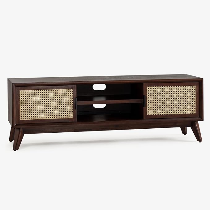 Bme Jasper Premium Solid Wood TV Stand, Under 10 Minutes Assembly (Legs Only), Aesthetic Rattan Doors, Bedroom, 65 inches, 64.6 x 17.7 x 21.65, Media Console - Walnut