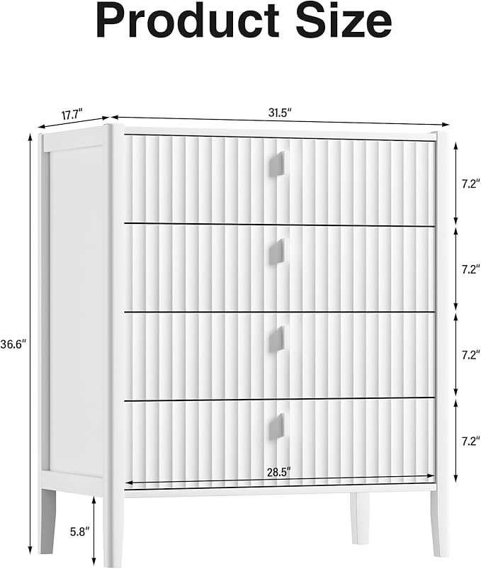 White 4 Drawer Dresser, 31.5" Wide White Modern Dresser with Fluted Front & Metal Handles for Bedroom, Living Room