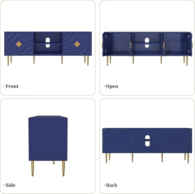 HLR 63''Modern TV Stand for 65/70/75 inch TV, Entertainment Center with Storage Cabinet, Mid Century Blue TV Stand,Embossed Pattern TV Console, TV Media Console for Living Room, Bedroom