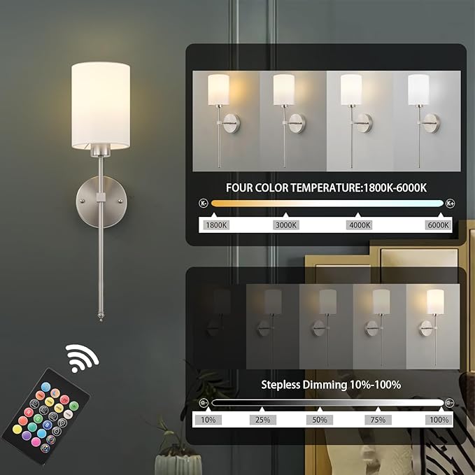 Battery Operated Wall Sconces Set of Two,Wireless Rechargeable Wall Light With Remote Control, Dimmable, 1800K/3000K/4000K/6000K/RGB, Timer, for Living Room, Bedroom, Fireplace, TV, 23.6 Inch, Nickel