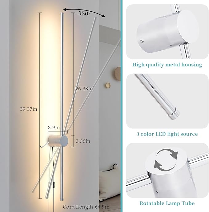 Dimmable Plug in Wall Sconce Set of 2, Chrome 39.37" LED Wall Light with Remote, Adjustable Color Temperature Brightness Wall lamp with Timer for Living Room,Bedroom and Accent Lighting