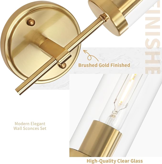 Gold Wall Sconces, Modern Bathroom Vanity Light Fixtures, Sconces Wall Decor Set of 2, Wall Lamps with Clear Glass, Indoor Wall Lights for Bedroom Living Room Hallway