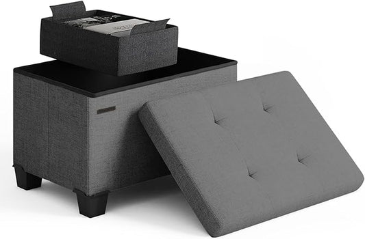 STORAGEBUD Storage Ottoman Cube with Small Bin, 16-in Square Ottoman with Storage for Living Room and Bedroom, Small Ottomans Foot Rest, Fabric Foot Stools Ottomans Max 330lbs, Grey