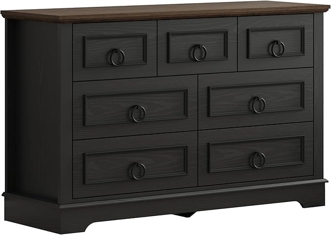 LIKIMIO Black Dresser for Bedroom, 47.2" W Farmhouse 7 Drawer Dresser with Round Metal Handle, Thickened Desktop, Wood Rustic Chest of Drawers for Hallway, Entryway