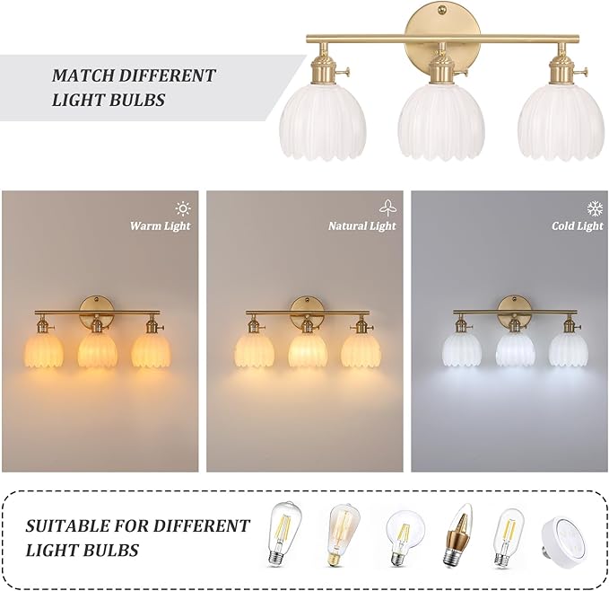 Bathroom Light Fixtures, 3-Light Brass Vanity Wall Light Over Mirror with White Tulip Glass Shade for Bedroom Living Room
