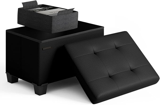 STORAGEBUD Storage Ottoman Cube with Small Bin, 16-in Square Ottoman with Storage for Living Room and Bedroom, Small Ottomans Foot Rest, Faux Leather Foot Stools Ottomans Max 330lbs, Black