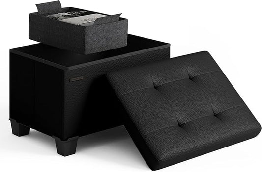 STORAGEBUD Storage Ottoman Cube with Small Bin, 16-in Square Ottoman with Storage for Living Room and Bedroom, Small Ottomans Foot Rest, Faux Leather Foot Stools Ottomans Max 330lbs, Black