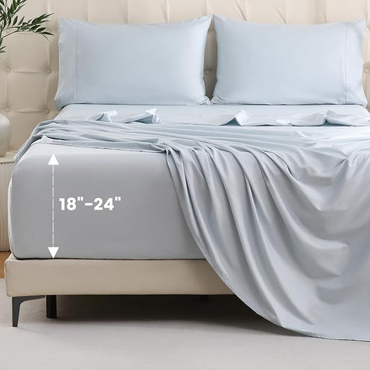 Bedlifes King Sheet Set, Extra Deep Pocket 18-24 Inches,1000Thread Count 100% Egyptian Cotton, Soft and Breathable Sateen 4-Piece,Light Blue