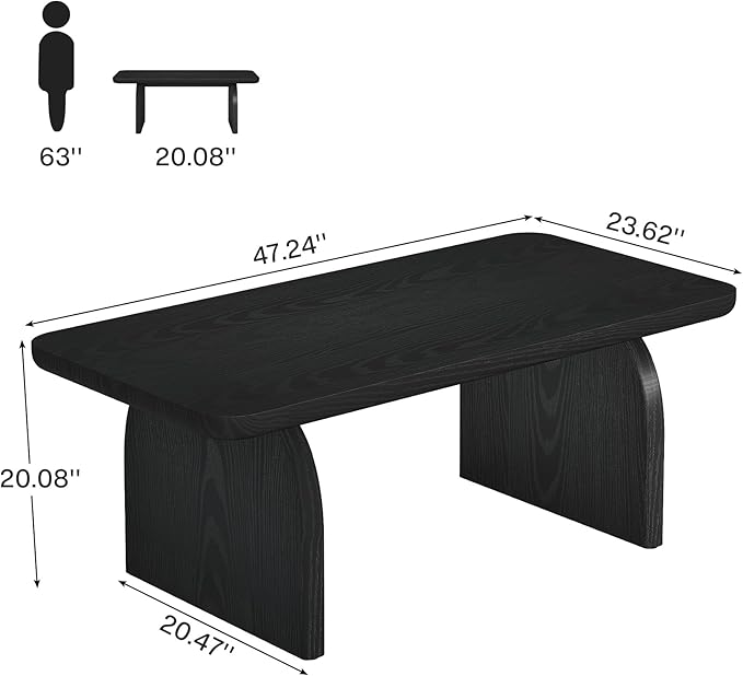 Tribesigns Farmhouse Coffee Table for Living Room, 47-Inch Mid-Century Rectangular Center Table with Rounded Corners, Modern Low Large Cocktail Tea Furniture, Easy Assembly (Black)