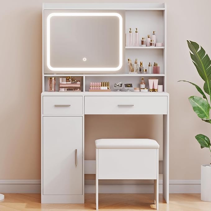 Vanity Desk with Sliding Mirror & Power Outlets - Dimmable LED Lighting, 4 Open Shelves, 2 Drawers, 1Storage Cabinet & Padded Stool - Ideal Bedroom Makeup Dressing Table （White）