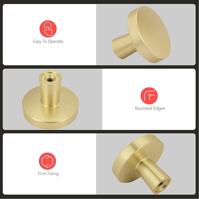 homdiy 10 Pack Gold Cabinet Knobs Round Brushed Brass Kitchen Handles Zinc Alloy Metal Hardware for Dresser Drawer Desk Cupboard