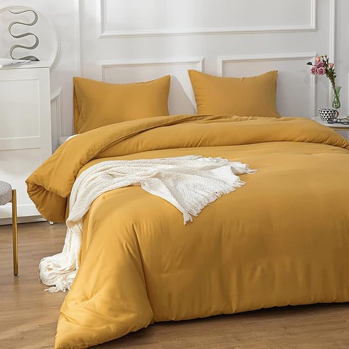 Luxlovery Mustard Yellow Comforter Set Twin Dark Yellow Bedding Comforter Sets Solid Color Modern Comfy Lightweight Blanket Quilts Breathable Soft Comforter Set for Kids Adults