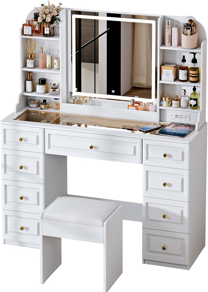 42" Makeup Vanity Desk with Mirror and Lights, & Power Outl, Glass Top Big Vanity Table with 9 Drawers& 8 Storage Shelves, Dressing Table Set with Chair for Bedroom, White