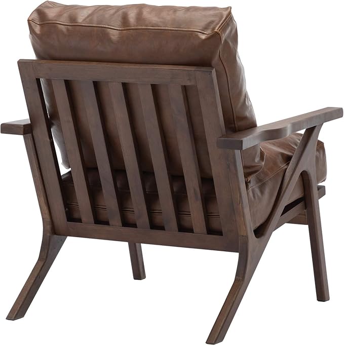 Wahson Brown Leather Accent Chair Mid Century Modern Chair, Retro Upholstered Armchair with Wood Frame and Removable PU Cushions, Large Compfy Leisure Slipper Chair for Living Room/Bedroom