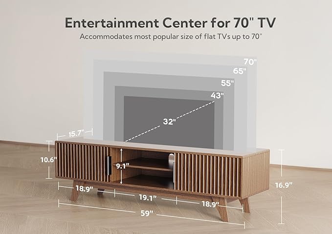 Claiks Mid-Century Modern TV Stand for 65 inch TV, Wood Fluted TV Stand with Storage and Adjustable Shelves, Low Profile TV Console for Living Room, Walnut