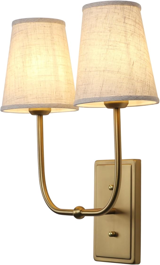 Vintage 2-Lights Wall Sconces with Funnel Linen Fabric Shades, Double Head Bathroom Vanity Lights Fixture, Indoor Wall Lamps for Bedroom Living Room Hallway Stairway