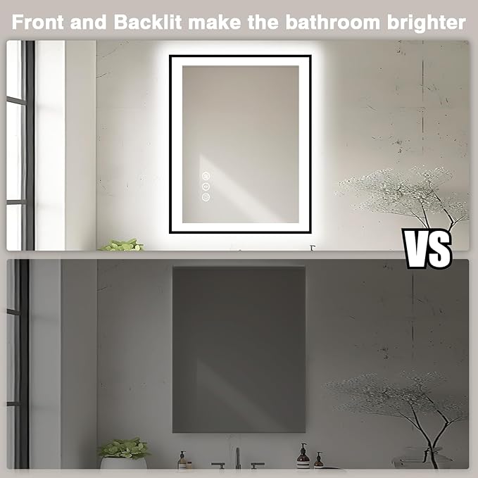 28x32 LED Bathroom Mirror - Black Aluminum Framed, Front and Backlit Mirror,Anti-Fog Framed Bathroom Vanity Mirror,Stepless Dimmable Lighted Mirror,3 Colors Smart Mirror(Horizontal/Vertical)