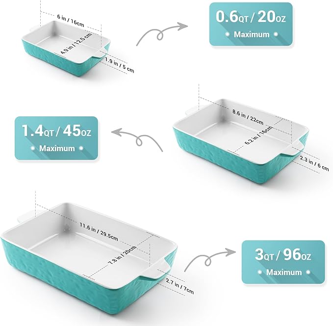 Casserole Dishes for Oven, Ceramic Baking Dishes, Lasagna Pan with Handles, Porcelain Baking Pan Deep, Bakeware for Baking, Cooking, Wedding Gift, Set of 3 (11.6" x 7.8", Aquamarine)