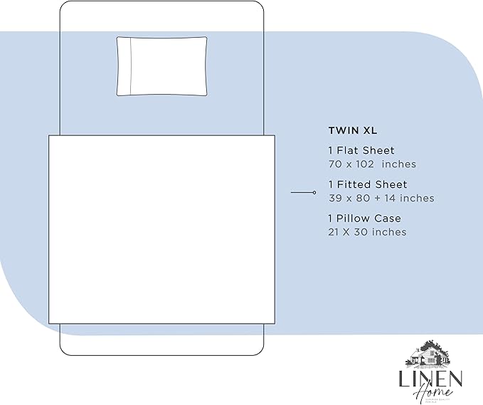 Linen Home 100% Cotton Percale Sheets Twin XL Size, Baby Blue, Deep Pocket, 3 Pieces Set - 1 Flat, 1 Deep Pocket Fitted Sheet and 1 Pillowcase, Crisp Cool and Strong Bed Linen