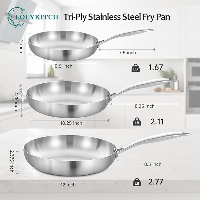 LOLYKITCH 8.5-10-12 Inch Tri-Ply Stainless Steel Frying Pan Set with Lids,Skillets,Induction Cooking Pans,Dishwasher and Oven Safe,Detachable Handle