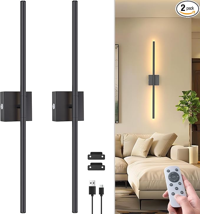 NIORSUN 28 Inch Battery Operated Wall Sconce Set of 2, 360° Rotation Black Rechargeable Wall Lights with Detachable Tube and Remote, 3CCT Dimmable Wall Lamp for Living Room Bedroom Hallway