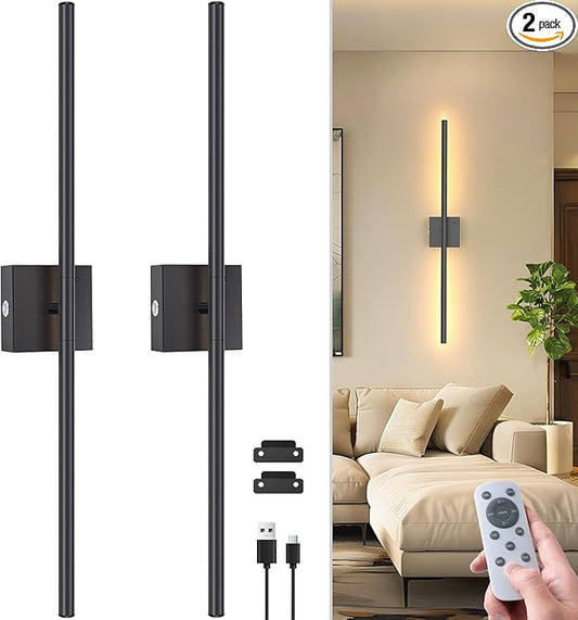 NIORSUN 28 Inch Battery Operated Wall Sconce Set of 2, 360° Rotation Black Rechargeable Wall Lights with Detachable Tube and Remote, 3CCT Dimmable Wall Lamp for Living Room Bedroom Hallway