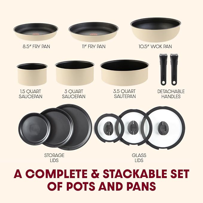 T-fal Ingenio Expertise Non Stick Cookware Set 14 Piece, Induction, Oven Broiler Safe 500F, Stackable Cookware, Pots and Pans, RV, Camping, Fry Pans, Dishwasher Safe, Detachable Handle, French Vanilla