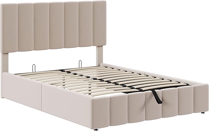 Full Size Bed Frame with Headboard, Elegant Linen Upholstered Platform Bed with a Hydraulic Storage System, Linen Fabric Backrest and Pine Wood Slats, No Box Spring Needed, Beige