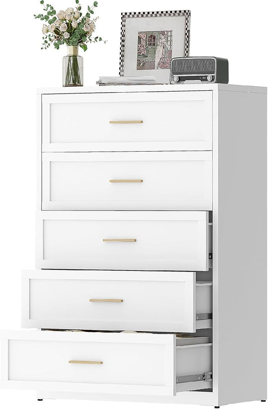 Metal Dresser with 5 Drawer，48" Tall Chest of Drawers with Wide Metal Handle,Drawer Organizer for Bedroom,Living Room,Hallway and Entryway,White