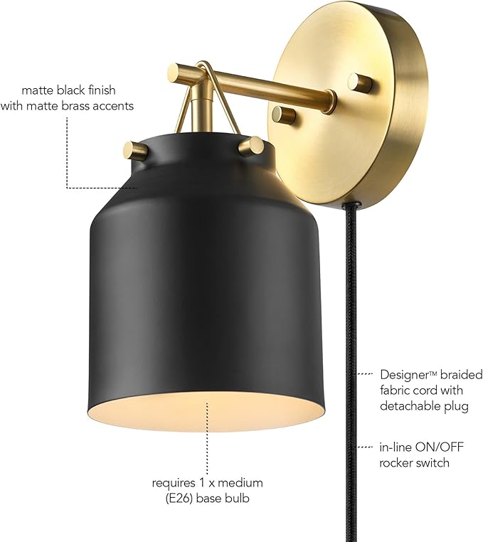 GLOBE Electric 65000102 1-Light Plug-in or Hardwire Wall Sconce, Matte Black, Matte Brass Accents, 6ft Black Braided Fabric Cord, in-Line Rocker Switch, Wall Lights for Living Room