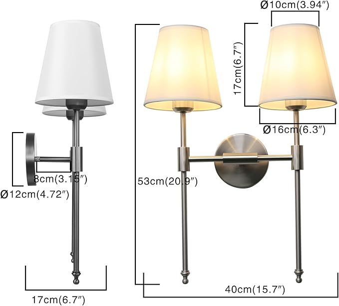 PERMO Classic Transitional Double Sconce 2-Lights Wall Sconce Lighting Fixture with Flared White Textile Lampshade and Brushed Nickel Finished Long Arm for Indoor Bathroom Bedroom Bedside