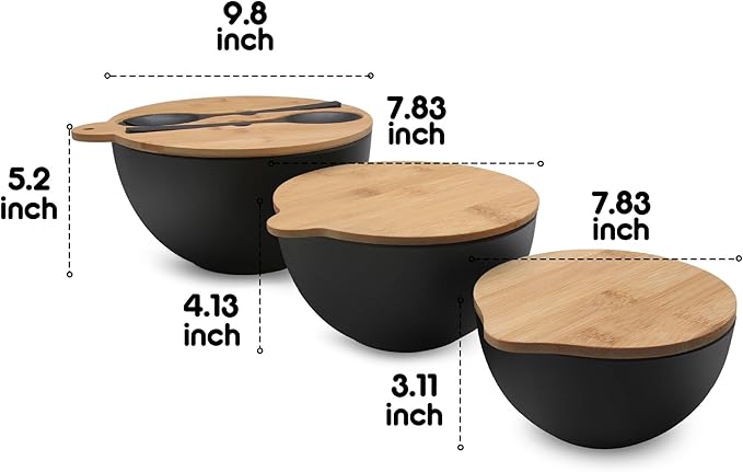 Salad Bowls Set of 3 with Seal Lid & Serving Utensils, Bamboo Fiber Mixing Bowls Set Large Serving Bowls & Storage Set with Bamboo Lid for Salad, Kitchen Eating, Pasta, Popcorn, Fruit, Black