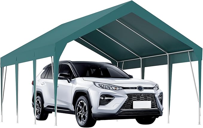 10x20FT Heavy Duty Carport Canopy with Sturdy Frame, Portable Waterproof and UV-Resistant Garage Shelter, Adjustable Height for Car, Boat, Outdoor Storage and Parties Green