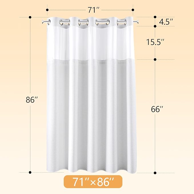 River Dream Extra Long Shower Curtain Set, Cotton Blend, Waffle Weave, with Snap in Replacement Liner, White, 71 x 86 inches
