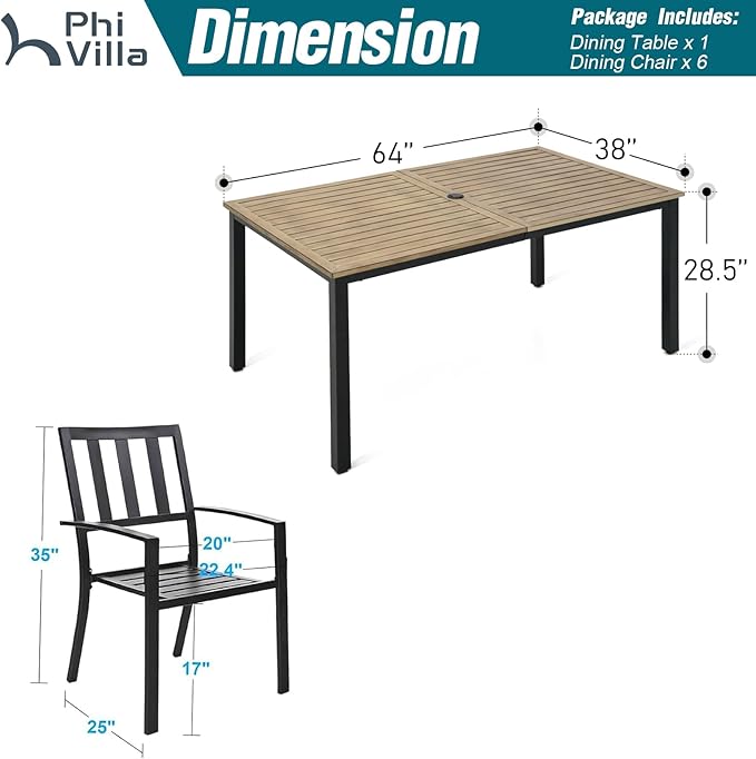 PHI VILLA 7 Pieces Outdoor Dining Set for 6, 65” Wood-Like Metal Steel Dining Table & Stackable Iron Dining Chairs, Large Dining Furniture Set for Patio, Deck, Yard, Porch